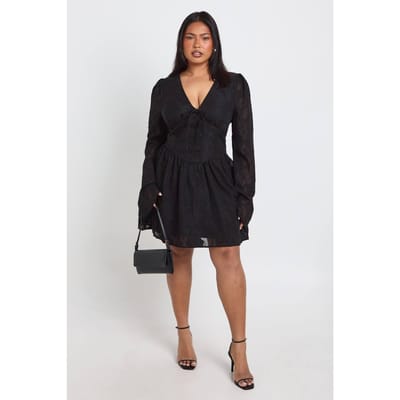 boohoo Dames Plus Jacquard Korset Detail Skater | Zwart | Maat: 44