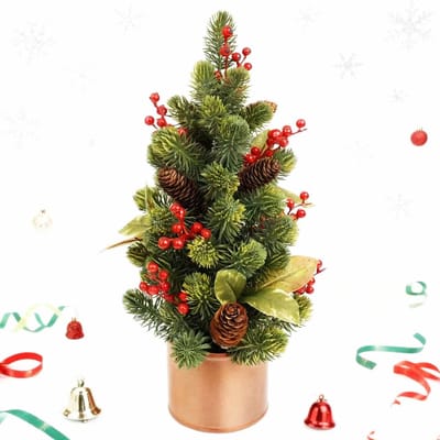 45cm Kerstboom-Kunstkerstboom-tafelkerstboom-kerstboom met Dennenappels en rode bessen-Met basis-Zeer Dicht Takkenstelsel-Groen-voor kerstdecoratie, feestjes（Groen）