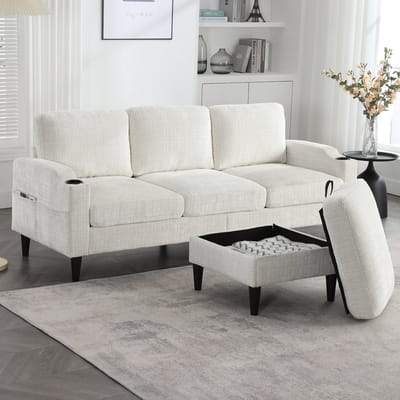 Bank - 4-zits met Hocker & Opbergruimte - Drankhouders & Zijvakken - Chenille Beige