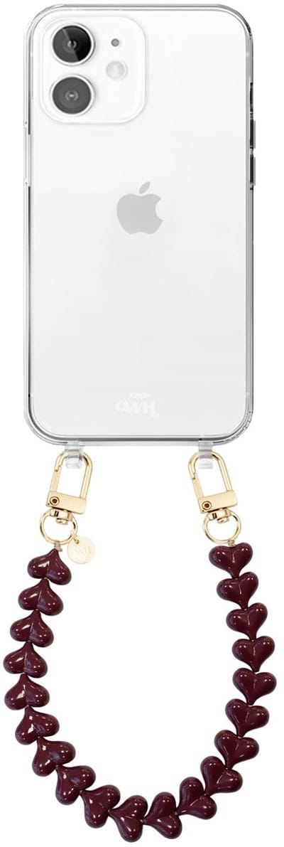 xoxo Wildhearts siliconen hoesje geschikt voor iPhone 11 hoesje - Funky Hearts (Burgundy) - Telefoonhoesje - Hoesje met koord - Donkerbruin / Bruin koord - kort telefoonkoord - Hartjes ketting - Transparant hoesje