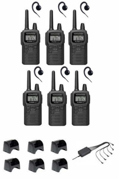 Set van 6 Kenwood PKT-300 ProTalk XLS IP52 PMR446 mini portofoons met C-ring oortje en multilader