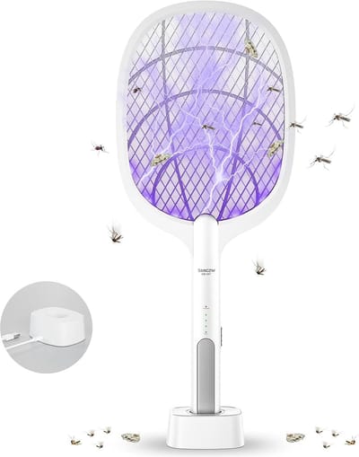 Elektrische vliegenmepper 4000V – 2-in-1 oplaadbaar via USB met docking station – effectieve insectenverdelger tegen muggen, vliegen,