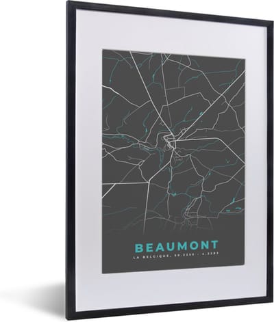 Fotolijst incl. Poster - Stadskaart – Grijs - Kaart – Beaumont – België – Plattegrond - 30x40 cm - Posterlijst