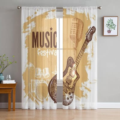 Muziek Vintage Tule Transparante Raamgordijnen Voor Woonkamer De Slaapkamer Moderne Chiffon Voile Organza Gordijnen Decor Draperieën 135W x 114H(cm) beige
