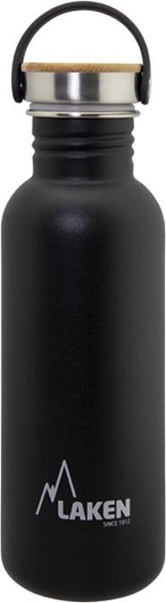 RVS fles 0,75L Basic Steel Bottle Zwart - Bamboo Cap - Laken - roestvrijstaal - waterfles - drinkfles