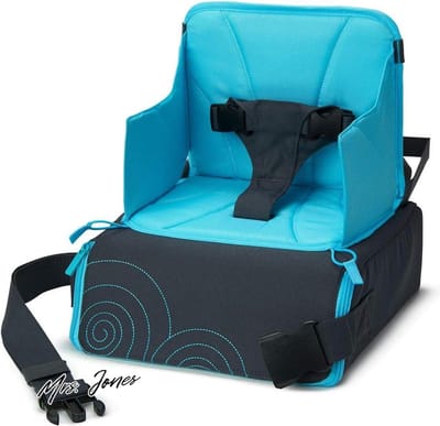 Mrs. Jones Travel Booster Seat With Underseat Storage And Strap To Convert Into Handy Portable Carry Bag For Dining On-The-Go Wipe Clean For Children Up To 15 kg/33.1 lbs Blue/Grey .
