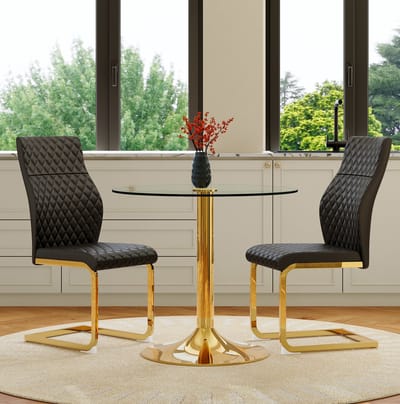 Set Tafel En Stoelen - Ronde Eettafel Met 2 Stoelen - Transparant Gehard Glas En Gouden Metalen Frame - Voor Eethoek En Woonbar - Zwart Goud