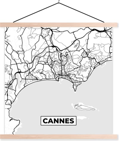 Posterhanger incl. Poster 40x40 cm - Schoolplaat - Frankrijk - Cannes - Kaart - Plattegrond - Stadskaart - Zwart wit - Textielposter - Blanke latten - Stadskaart