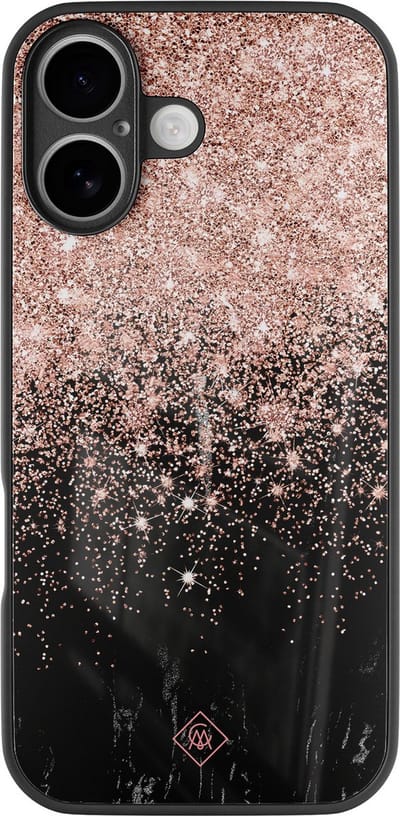 Casimoda® hoesje - Geschikt voor iPhone 16 - Marmer Twist - Luxe Hard Case Zwart - Backcover telefoonhoesje - Rosekleurig