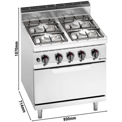 GGM Gastro Gasherd - 21,5 kW - 4 Brenner - inkl. Gasbackofen Statisch - 7,8 kW Zilver