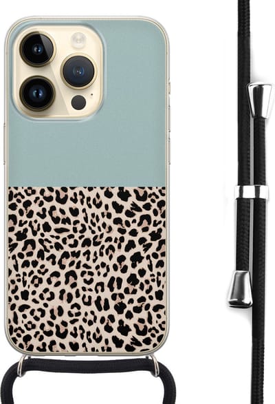 Hoesje met koord - Geschikt voor iPhone 14 Pro - Luipaard mint - Verstelbaar zwart koord - Transparant, Groen - Luipaardprint - Leuke Telefoonhoesjes