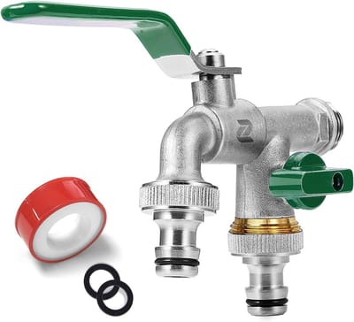 Dubbele Tuinkraan met 3/4 Inch Aansluitingen, Messing, Roest- en Vorstbestendig, Inclusief Slang en Rolafdichtband voor Tuin en Wasmachine
