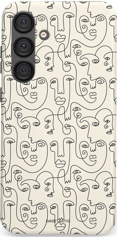 Casetastic hoesje geschikt voor Samsung Galaxy S25 Plus - Dubbellaagse bescherming - Art Deco Creme Abstractie Lijntekening Gezichten - Fashion Case - Zilver Crème Wit