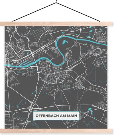 Posterhanger incl. Poster 40x40 cm - Schoolplaat - Kaart – Plattegrond – Stadskaart – Offenbach am Main – Duitsland – Blauw - Textielposter - Blanke latten - Stadskaart