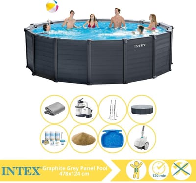 Intex Graphite Gray Panel Zwembad - Opzetzwembad - 478x124 cm - Inclusief Onderhoudspakket, Filterzand, Zwembad Stofzuiger en Voetenbad