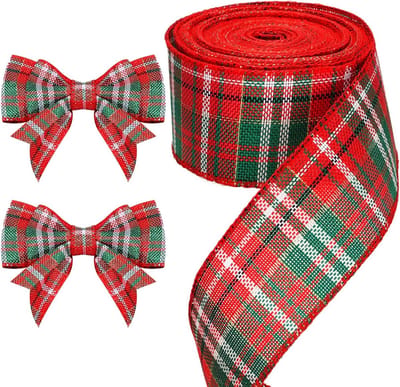 10M Chequered Jute Ribbon - Jute Kerstlint met Ruitpatroon, 6CM Breed, Rode-Groene Cadeaulint voor DIY, Cadeauverpakking en Decoratie
