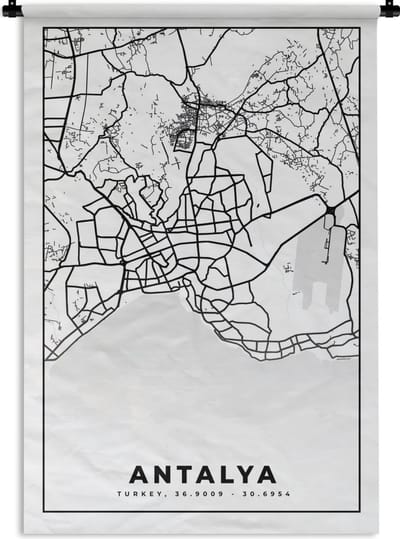 Wandkleed - Wanddoek - Antalya - Stadskaart - Plattegrond - Zwart Wit - Kaart - 120x180 cm - Wandtapijt