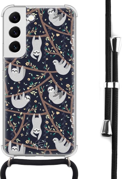 Hoesje met koord geschikt voor Samsung Galaxy S22 - Luiaard - Inclusief koord - Crossbody beschermhoes - Transparant, Blauw - Mooie Telefoonhoesjes
