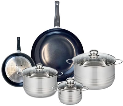 Set van 2 Koekenpannen 20 en 32 cm en 3 Kookpotten 14, 20 en 24 cm Elo Prima Glanzend