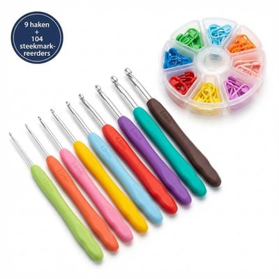 DIVERZA Haaknaalden - 9 haaknaalden - formaten 2-6 mm - Haaknaaldenset Inclusief Steekmarkeerders - Antislip Soft Grip - multicolor
