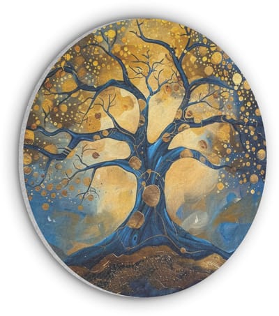 Akoestisch wandpaneel rond 30x30 cm - Vilt schilderij Boom - Levensboom - Blauw - Goud - Ronde akoestische panelen - Geluidsdempende wanddecoratie - Geluidsisolatie wandcirkel - Muurdecoratie geluidspanelen