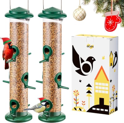 iBorn Metalen vogelvoeders 6 poorten hangende wilde vogelzaadfeeder voor mix zaadmengsels, Niger zaadvoeder, zonnebloemhart, vogelbad, zware metalen groene afwerking 35,5 cm 6 poorten, 2 stuks