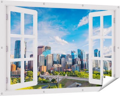 Gards Tuinposter Doorkijk Skyline Calgary Stad in Canada - 150x100 cm - Tuindoek - Tuindecoratie - Wanddecoratie buiten - Tuinschilderij