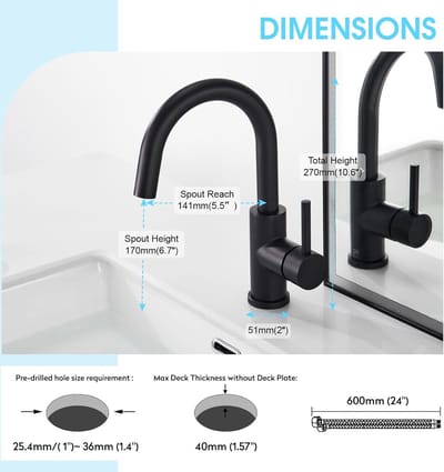 Keukenkraan Zwart, 360° Draaibare Waterkraan, Mengkraan Zwart voor Keuken of Badkamer, Wastafel Kraan Zwart met Hoge Uitloop, Mat Zwart