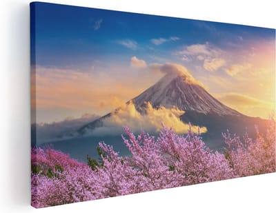 Artaza Canvas Schilderij Fuji - 40x20 cm - Klein - Wanddecoratie Bergen - Muurdecoratie Kersenbloesem - Schilderij Japan