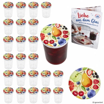 24-delige set sturzglas 435 ml jam jar Inmaakpot Inmaakpot Tot 82 Comic Fruitdeksels incl. Diamant-Zucker Gelierzauber receptenboekje