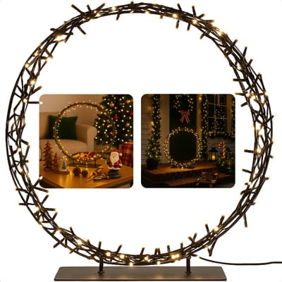 Cheqo® Kerstkrans Op Standaard - 200 Led Verlichting - 40 cm Diameter - Warm Wit Licht - Automatische Timer - Binnen En Buiten Gebruik - Metalen Standaard - IP44 Adapter - Met Timer - Kerst Krans - Kerstverlichting
