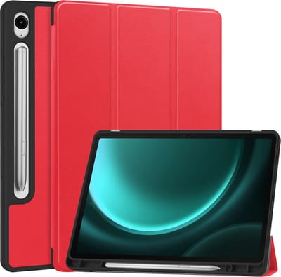 Hoesje Geschikt voor Samsung Galaxy Tab S9 FE - Dun & Stevig - Trifold Bookcase - Hard Cover Case - Met Uitsparing Geschikt voor S Pen - Hardcover Book - Tablet Hoes - Rood