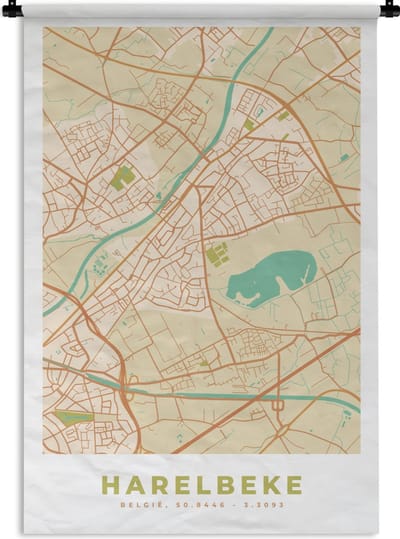 Wandkleed - Wanddoek - Retro - Kaart - Plattegrond - Harelbeke - Stadskaart - 120x180 cm - Wandtapijt