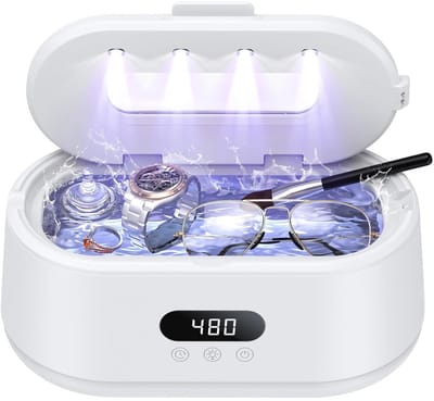 Ultrasone Sieradenreiniger, 50 kHz, Dubbele Modes en LED-display, 5 Reinigingsmodi, 24 W Sonische Reiniger voor Sieraden, Bril, Horloges, Ringen, Horlogebandje (Wit)