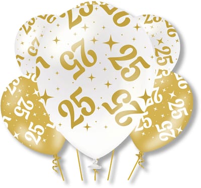 BTH – 25 Jaar Latex Ballonnen – 6 stuks – Wit-Goud – Verjaardag Versiering – 25 Jaar Decoratie – Helium – 30cm