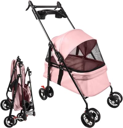Opvouwbare huisdierwagen - Hondenkatten buggy - Comfortabel vervoer - Lichtgewicht en inklapbaar - Tot 20 kg - Roze