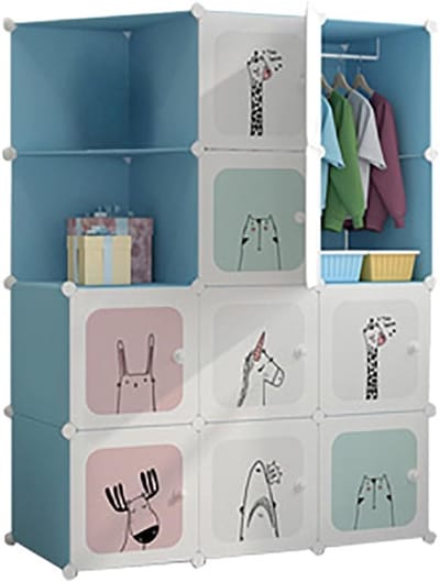 Kledingkast-Modulaire kinderkleed kast met kledingstang,8 vakken,opbergplanken van kunststof met dierenprint,veilig en duurzaam, voor baby- en kinderkamer,kleding en speelgoed,111x47x147cm