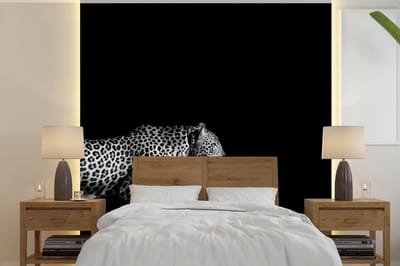 Behang - Fotobehang Wilde dieren - Luipaard - Gras - Zwart - Wit - Breedte 220 cm x hoogte 220 cm