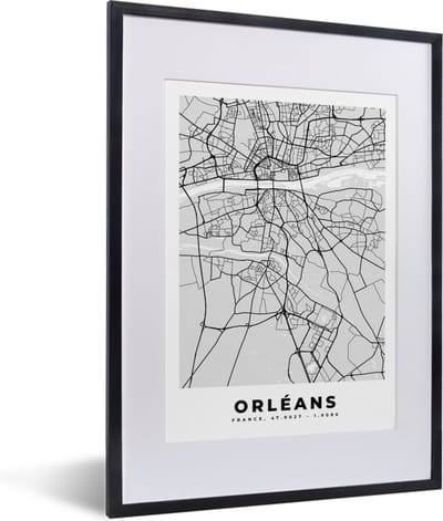 Fotolijst incl. Poster - Kaart - Stadskaart - Frankrijk - Orléans - Plattegrond - 30x40 cm - Posterlijst