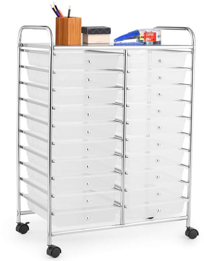 COSTWAY Rolwagen met 20 stapelbare laden, ladewagen, rolcontainer met metalen frame en legplank, badkamerrolwagen, bijzetwagen voor kantoor, woonkamer (transparant)