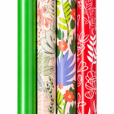 Cadeaupapier – Tropical Garden Mix – (4 STUKS) – 200×70 cm – Tropische Bloemen, Botanische Print & Effen Groen – Inpakpapier – Fris & Kleurrijk