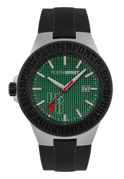 Plein Sport Vortex Quartz Analoog Horloge Zwart Kast Gemaakt Van 100% Gerecycled Roestvrij Staal En Een Armband Van 100% Siliconen 46 PSRGA0226, PSRGA0326, PSRGA0426