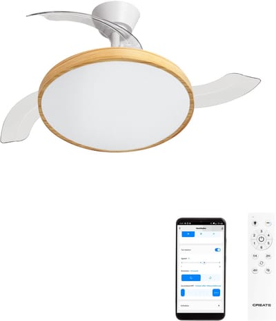 CREATE - Plafondventilator 40W stil met intrekbare bladen met licht - Ø108cm - Wit / Licht hout - WIFI + Afstandsbediening - WIND CLEAR STUDIO