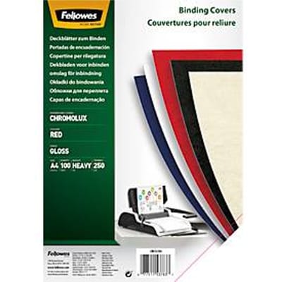 Fellowes dekblad Chromolux, karton, A4, voor draad- en plasticinbindmachines, rood, 250 g, 100 stuks