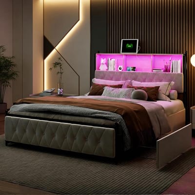 Gestoffeerd Bed - Tweepersoonsbed Ladebed - Slaapkamer Opbergen - Led Hoofdeinde USB - 160 x 200 cm - Beige