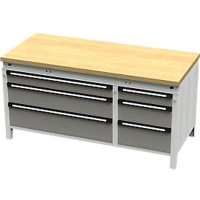 Otto Kind brede werkbank type 430, multiplexplaat van beukenhout, vlak afgeschoten, tot 1400 kg, B 1697 x D 750 x H 850 mm, staal, centrale vergrendeling, lichtgrijs/stofgrijs