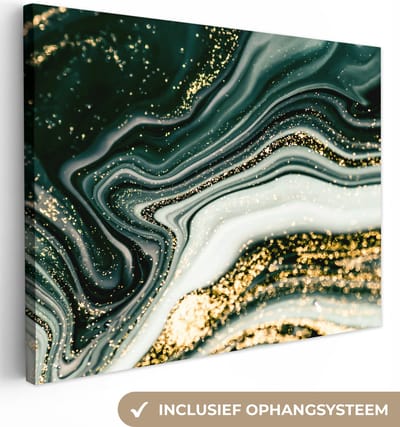 Canvas schilderij 40x30 cm - Wanddecoratie Marmerlook - Goud - Groen - Glitter - Design - Marmer - Muurdecoratie woonkamer - Slaapkamer decoratie - Kamer accessoires - Schilderijen op canvas