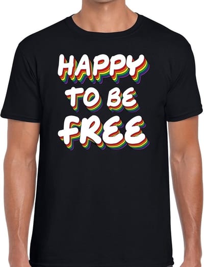 Happy to be free - gaypride t-shirt zwart 3D regenboog tekst voor heren - Gay pride kleding S