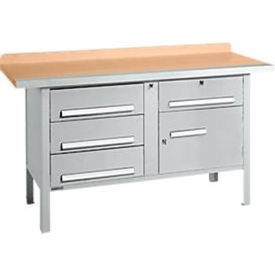 Box-type werkbank Schäfer Shop Select PWi 150-5, beuken multiplex blad, met stalen rand, tot 750 kg, B 1500 x D 700 x H 840 mm, blank aluminium