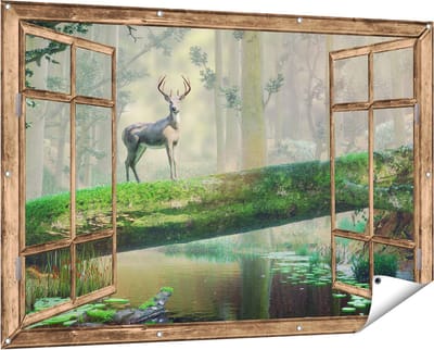 Gards Tuinposter Doorkijk Hert in het Bos op een Boom - 150x100 cm - Tuindoek - Tuindecoratie - Wanddecoratie buiten - Tuinschilderij